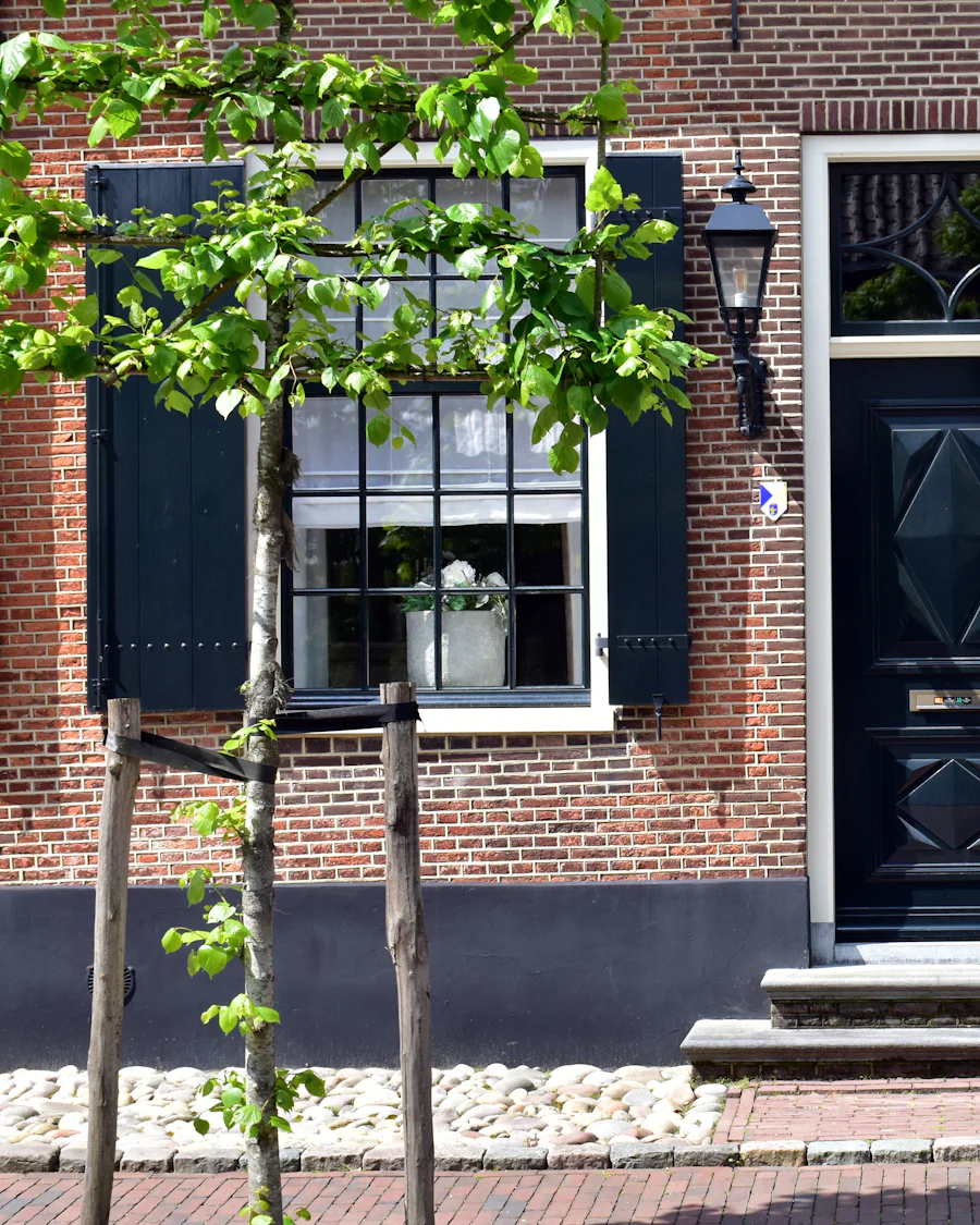 Bakstenen gevel met donkere luiken, voordeur en witte kozijnen